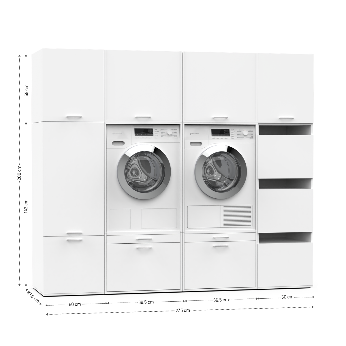 White modular laundry cabinet set with front-loading washer and dryer, storage compartments, and drawers.